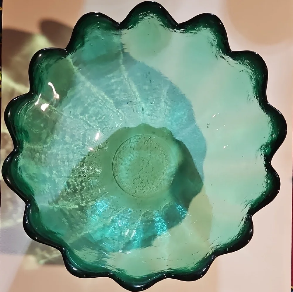 Blenko Glass #6143L Emerald Green 14 Scalloped Petal Lotus Bowl, by Wayne Husted